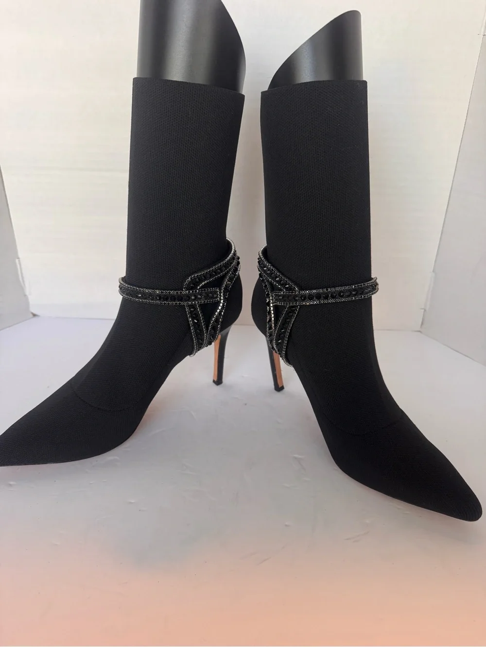 Badgley Mischka Black Stretch Knit Sock Booties Beaded Rhinestone Strap Size 7.5